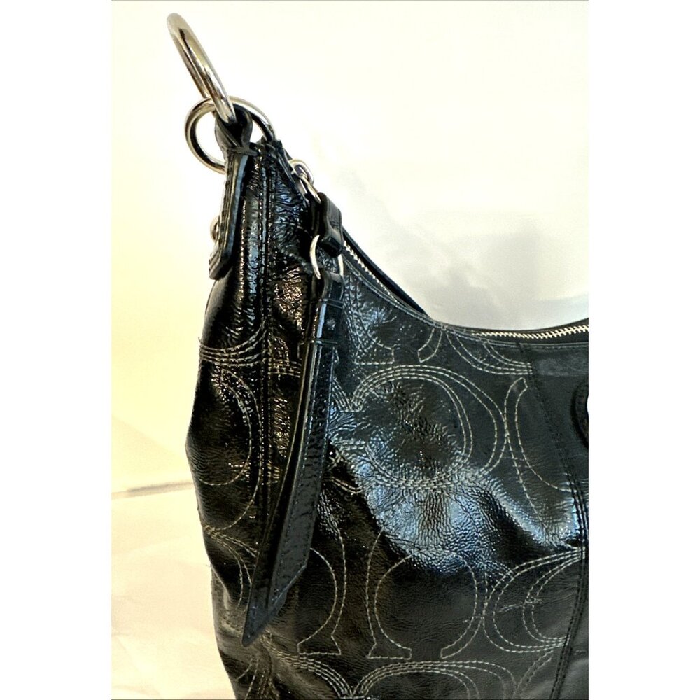 COACH Black Signature Patent Leather Hobo Handbag Purse A1293-F19282 Tag & Charm - Picture 4 of 16